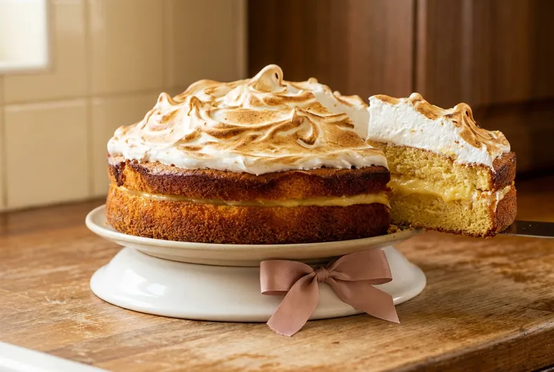 A modern layered cake with one slice cut, showing its crumb, finished with a small blush sugar-flower accent.