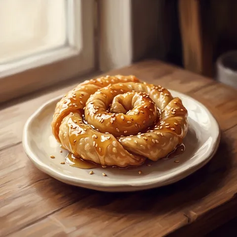 A honey-dipped Griwech cookie coil, dusted with sesame seeds.