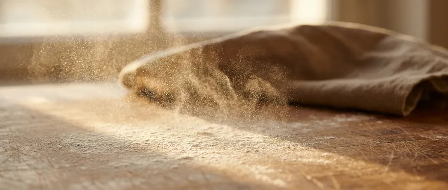 Flour dust settling over a work surface, lit by warm oven glow.