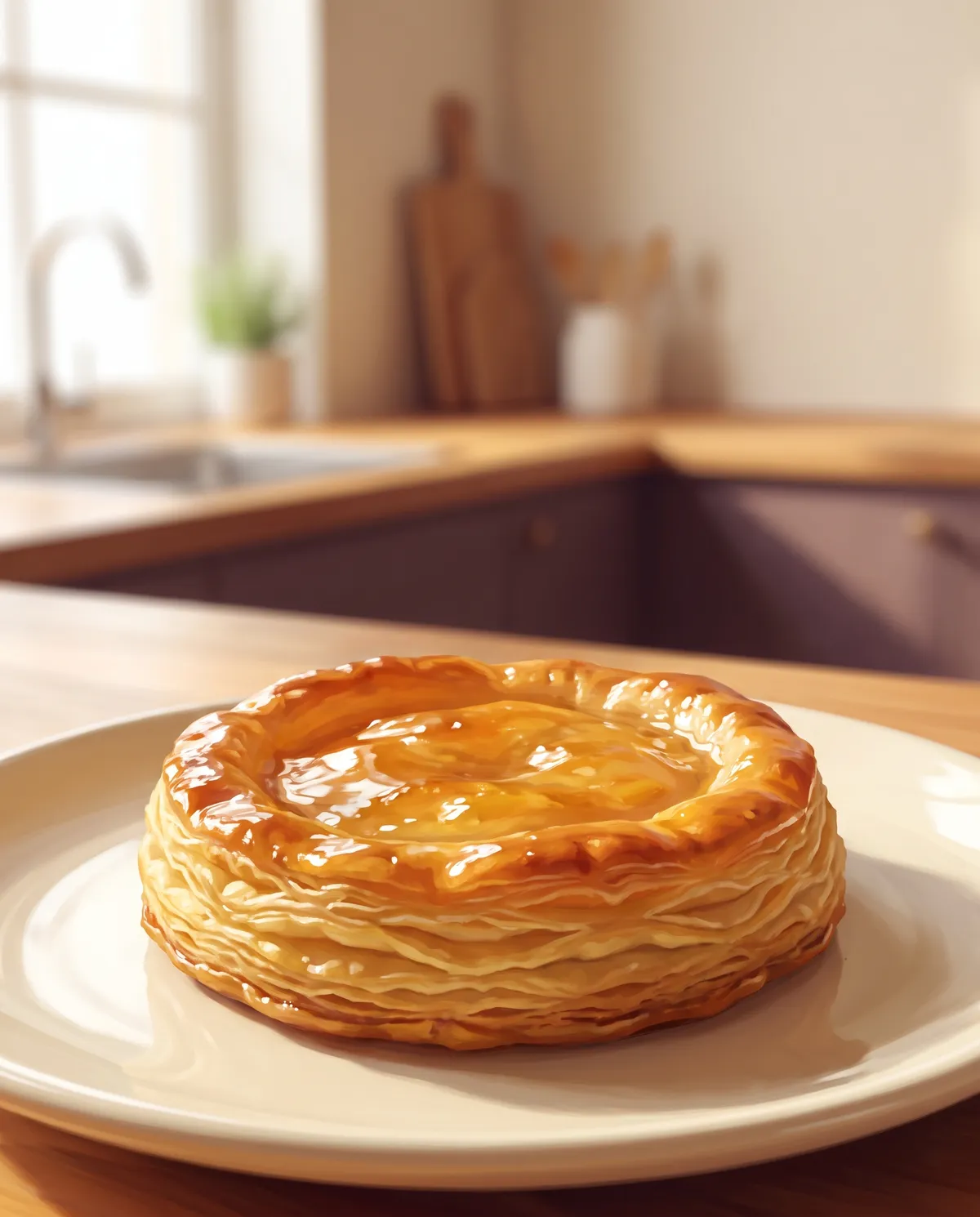 A golden, honey-glazed Algerian pastry plated on a warm ivory surface, lit softly from the side.